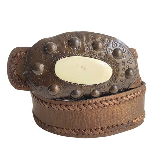 Vintage Accessories - Vintage Brown Leather Belt with Cream Buckle